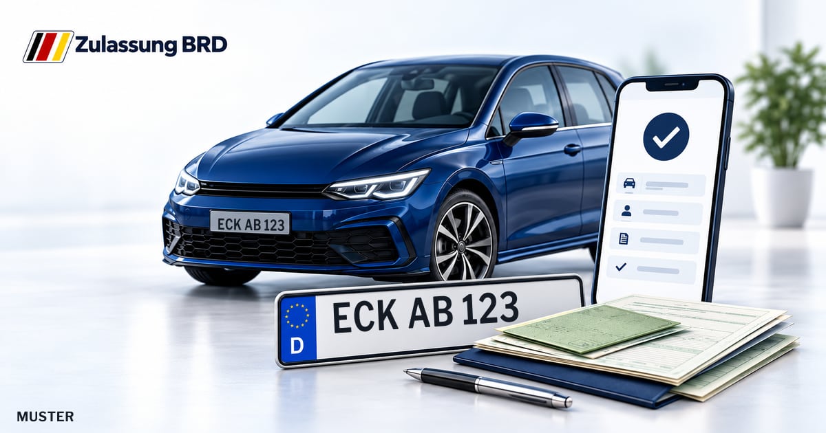 Online Fahrzeugzulassung in Hohenwestedt: Musterkennzeichen ECK AB 123, Auto und Fahrzeugpapiere und Smartphone. Illustration mit Logo von Zulassung BRD.